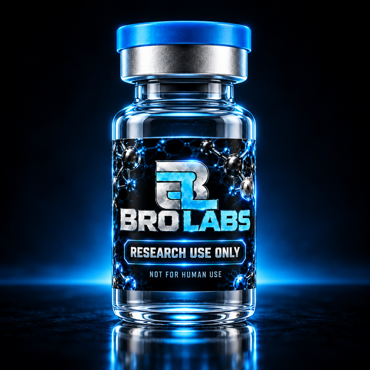Bro Labs branded research vial illustration with a silver cap and blue, silver, and black label